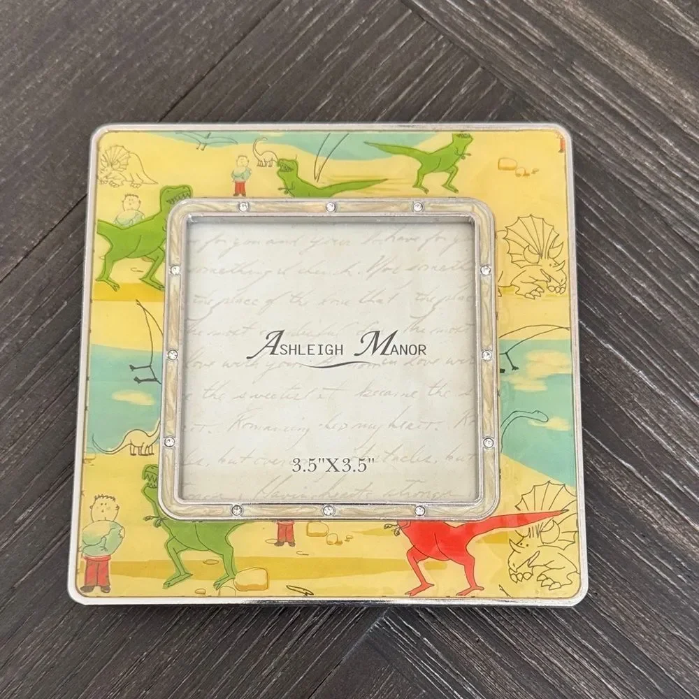 Dinosaur Picture Frame Metal Yellow Green 3.5x3.5 Kids Room Decor Nursery Dino